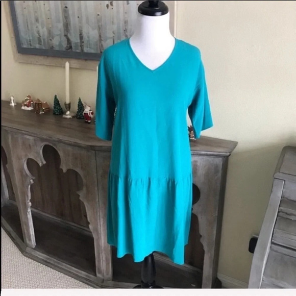 New Eileen Fisher V-Neck Short Dress Turquoise NWT Petite Minimalist Women Small - Picture 3 of 9